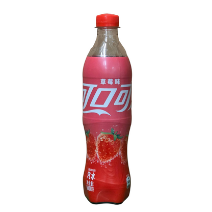 shopnathans.com Coca-Cola Strawberry flavored soda in a 500ml plastic bottle with a red cap and berry graphics