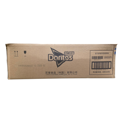 shopnathans.com cardboard shipping box for Doritos Smokin BBQ flavor tortilla chips with branding and barcode