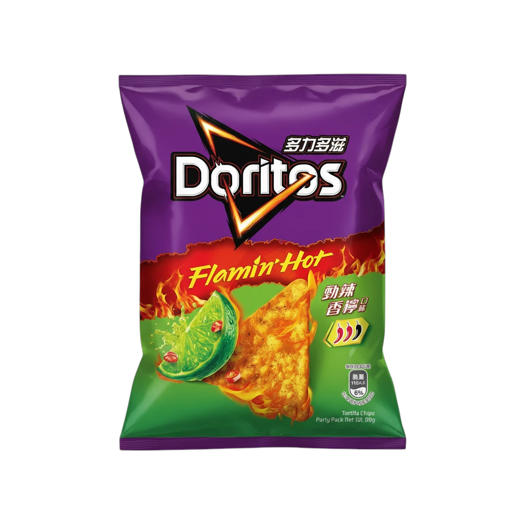 shopnathans.com Doritos Flamin' Hot Spicy Lime tortilla chips in a 68g purple and green bag with fiery graphics.