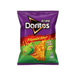 shopnathans.com Doritos Flamin' Hot Spicy Lime tortilla chips in a 68g purple and green bag with fiery graphics.