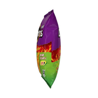 shopnathans.com Doritos Flamin' Hot Spicy Lime tortilla chips in a 68g bag, side view showing purple and green design