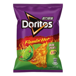 shopnathans.com Doritos Flamin' Hot Spicy Lime tortilla chips in a 68g purple and green bag with chili and lime art.
