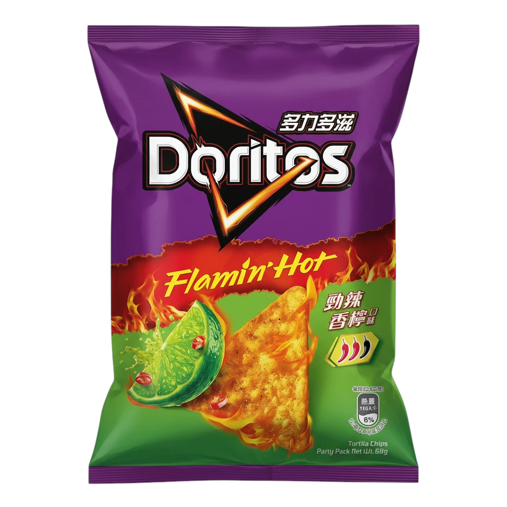 shopnathans.com Doritos Flamin' Hot Spicy Lime tortilla chips in a 68g purple and green bag with chili and lime art.