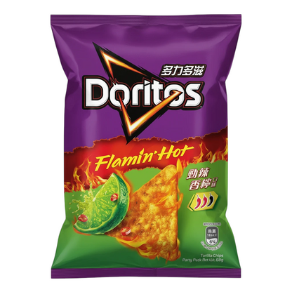 shopnathans.com Doritos Flamin' Hot Spicy Lime tortilla chips in a 68g purple and green bag with chili and lime art.
