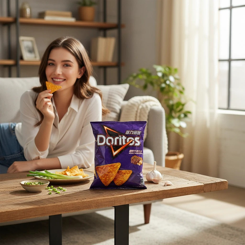 shopnathans.com Doritos Garlic Filet Steak chips with a woman snacking in a cozy living room setting.