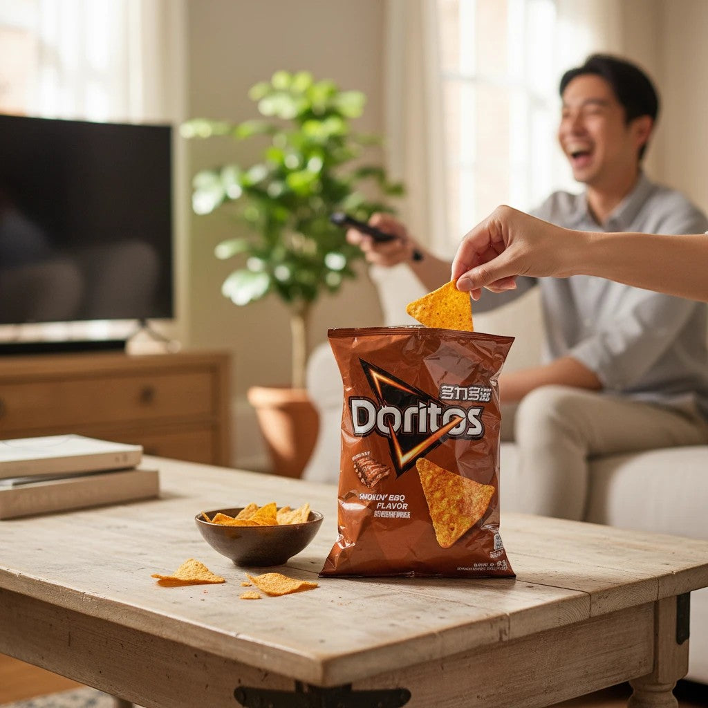 shopnathans.com Doritos Smokin BBQ tortilla chips bag with a hand reaching for a chip on a rustic wooden table