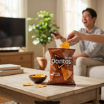 shopnathans.com Doritos Smokin BBQ tortilla chips bag with a hand reaching for a chip on a rustic wooden table