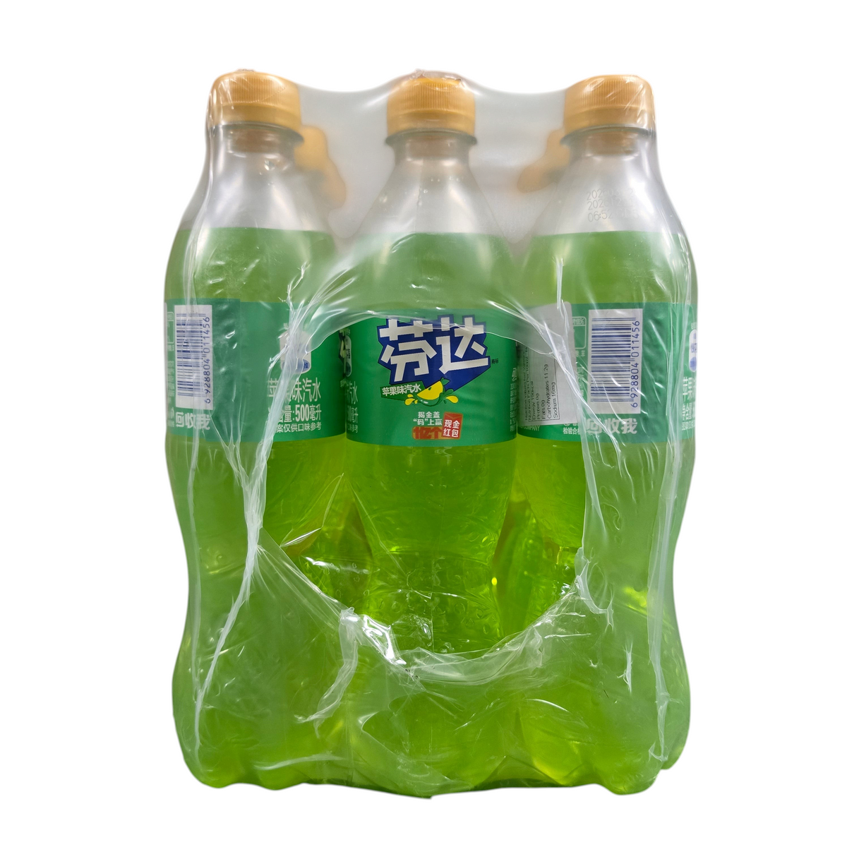 shopnathans.com Fanta Apple flavor soda in a 500ml three-pack with vibrant green liquid and yellow caps