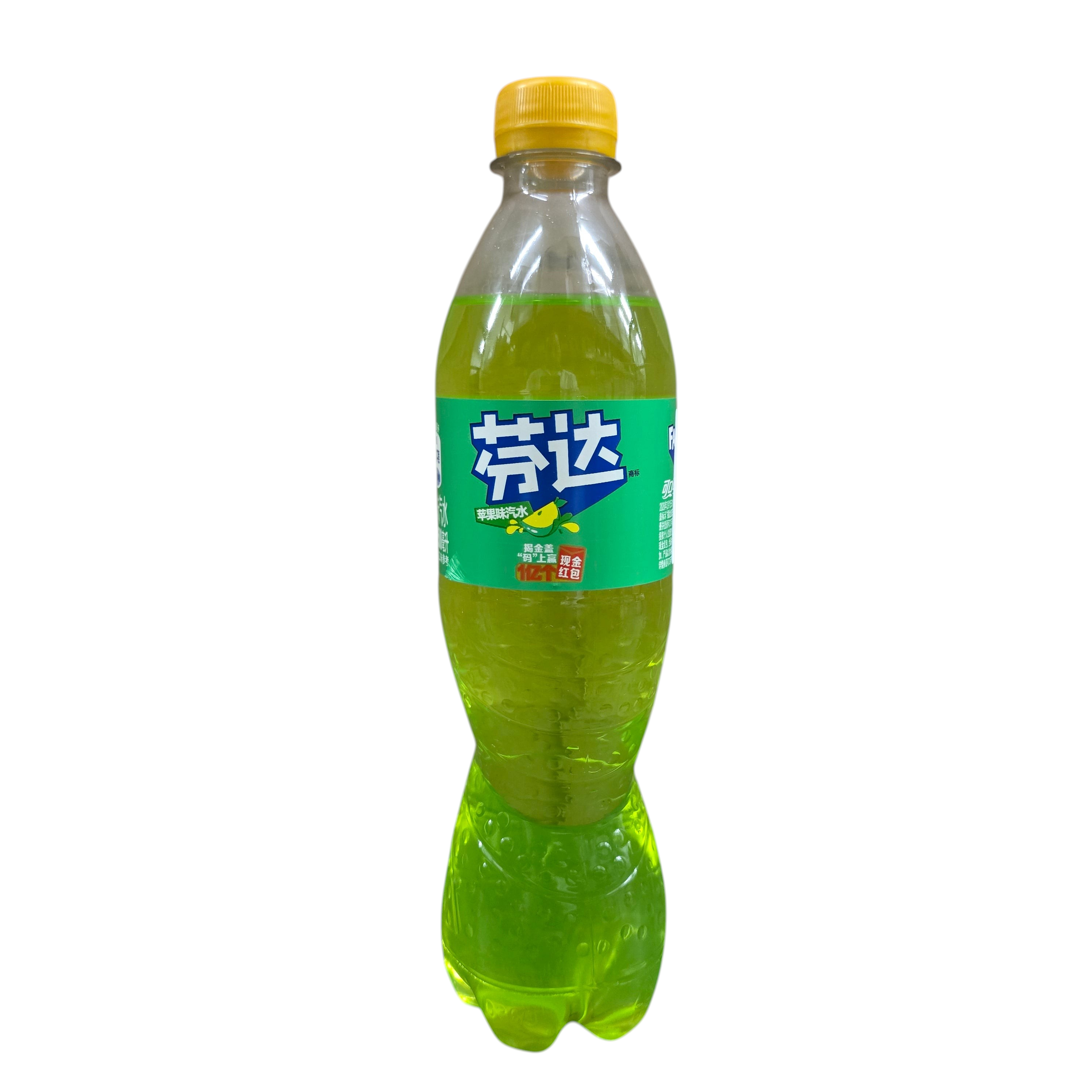 shopnathans.com Fanta Apple flavor soda in a 500ml plastic bottle with a bright green liquid and yellow cap