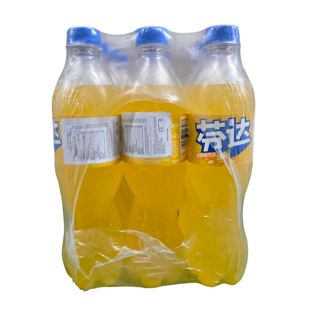 shopnathans.com Fanta Pineapple soda 500ml bottles in a plastic shrink-wrapped pack with bright yellow liquid