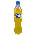 shopnathans.com Fanta Pineapple soda in a 500ml plastic bottle with a bright yellow liquid and blue cap