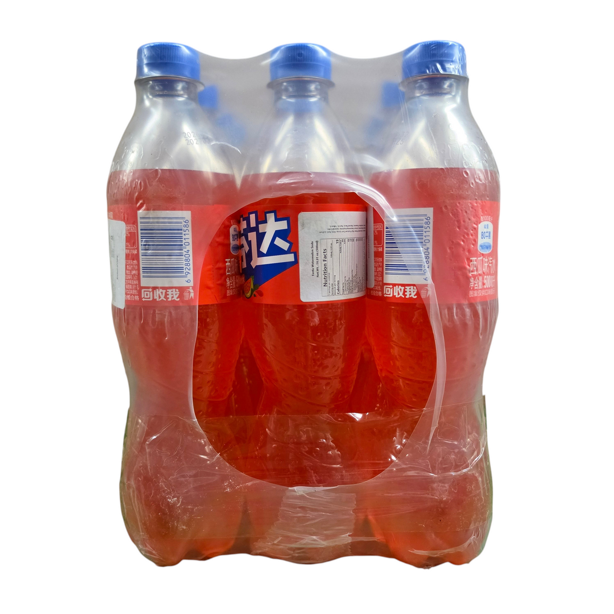 shopnathans.com pack of six 500ml Fanta Watermelon soda bottles with vibrant red liquid and blue caps