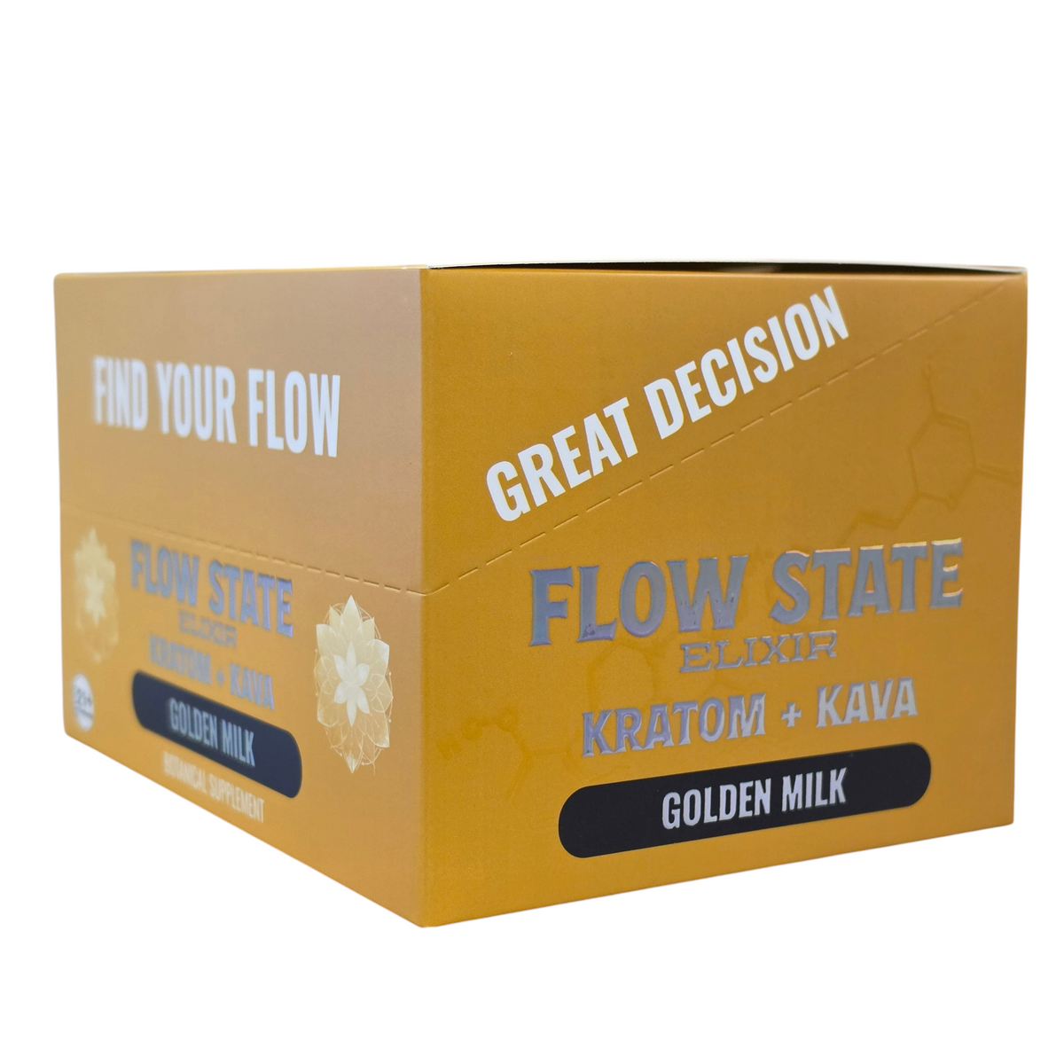shopnathans.com Flow State Golden Milk Kratom and Kava botanical supplement display box in yellow and gold
