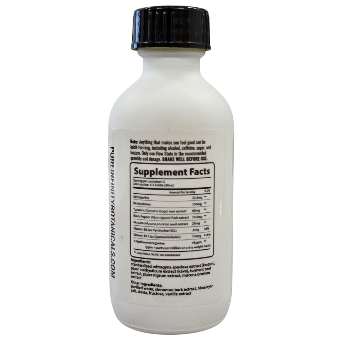 shopnathans.com Flow State Kava & Kratom Golden Milk supplement bottle showing nutrition facts label on wooden table