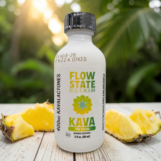 shopnathans.com Flow State Pina Colada Kava Elixir 2 fl oz bottle with fresh pineapple slices on a wooden table