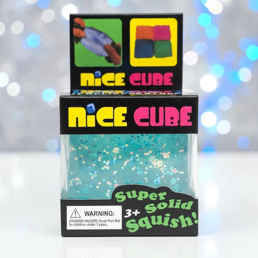 shopnathans.com squishy glitter cube stress toy in clear blue packaging with sparkling confetti details