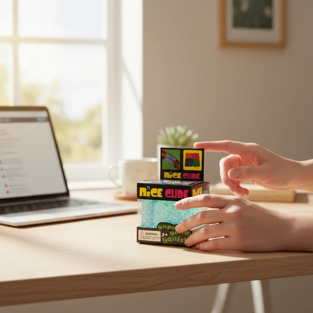 shopnathans.com squishy glitter cube stress toy being held on a wooden desk in a bright home office setting