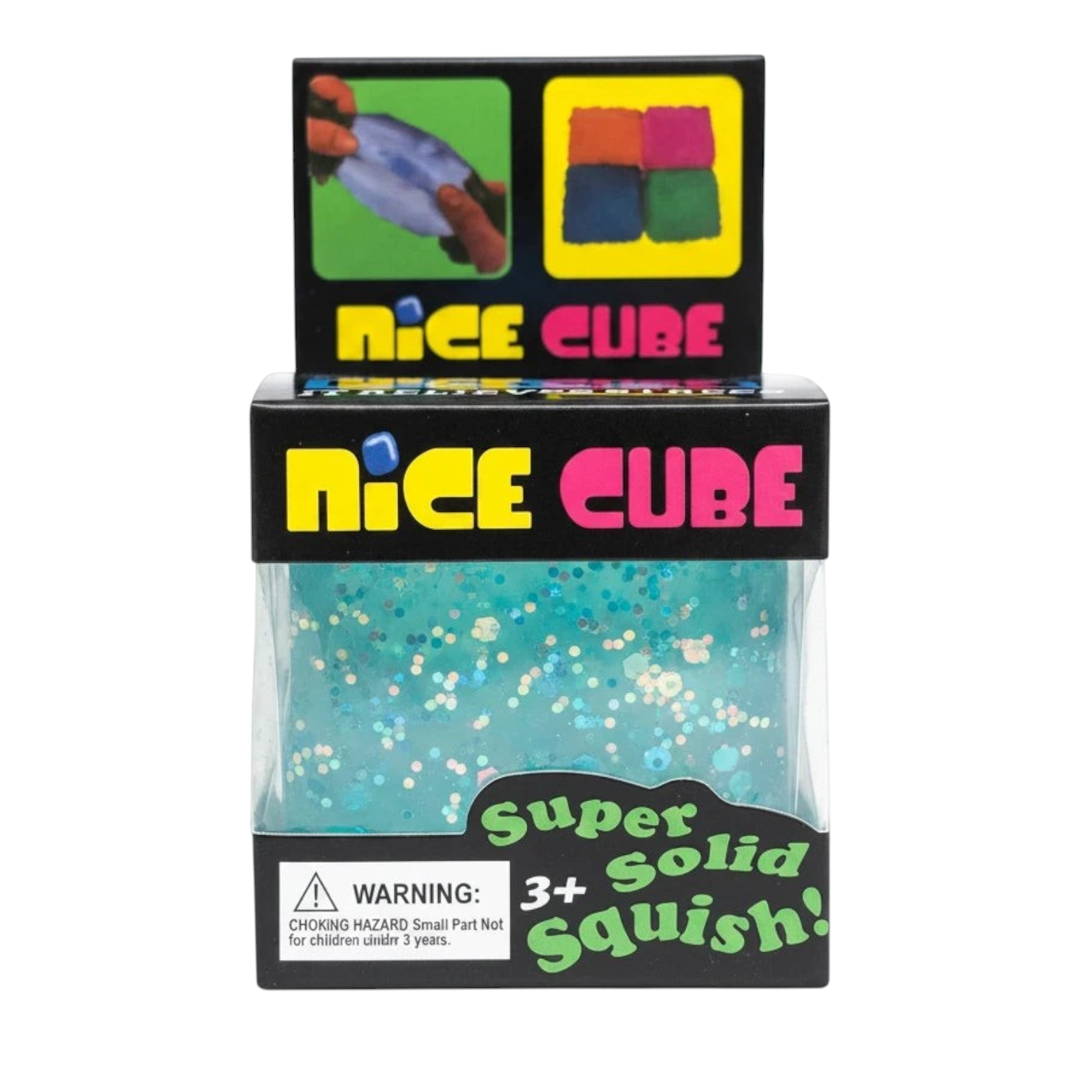 shopnathans.com squishy glitter cube stress toy in clear blue packaging with sparkling confetti details