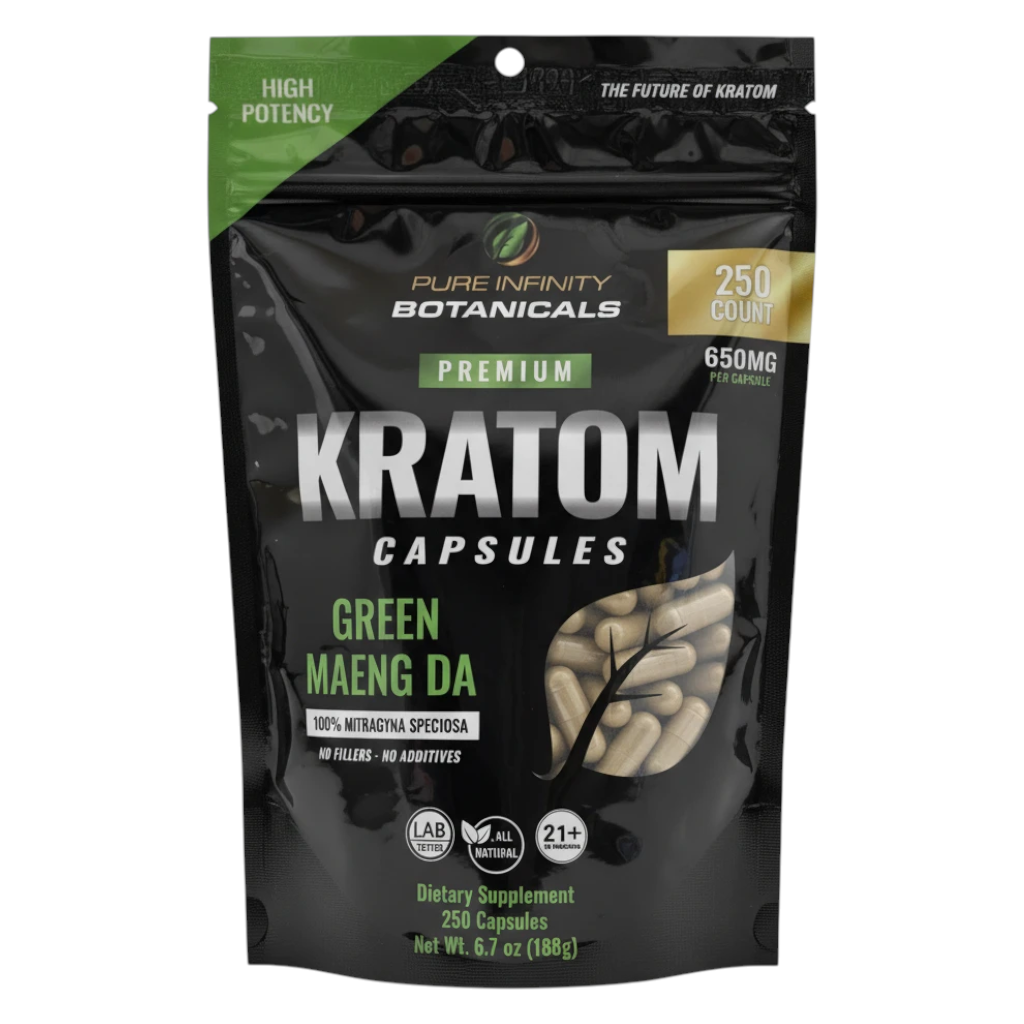 shopnathans.com Pure Infinity Botanicals Green Maeng Da Kratom capsules in a 250 count black resealable pouch.