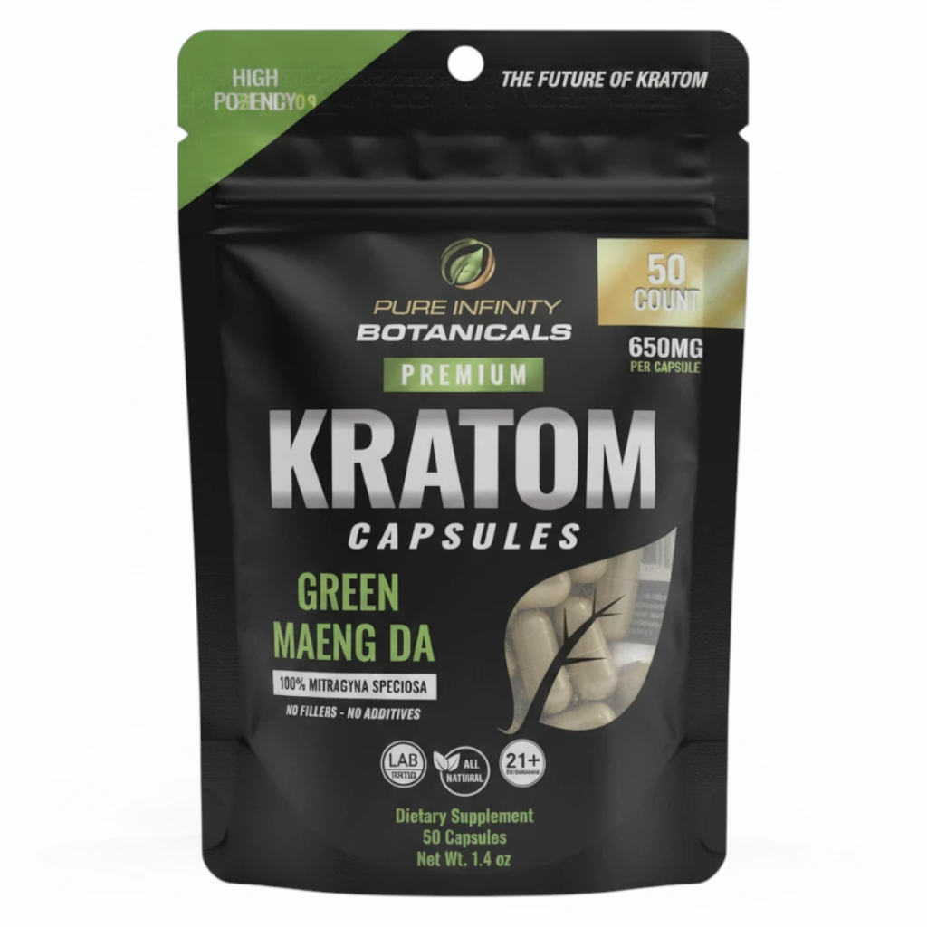 shopnathans.com Pure Infinity Botanicals Green Maeng Da Kratom capsules in a 50-count black resealable pouch.