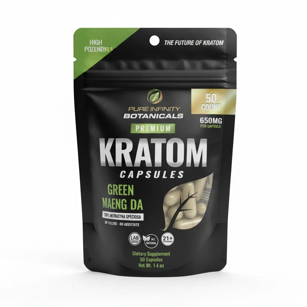 shopnathans.com Pure Infinity Botanicals Green Maeng Da Kratom capsules in a 50-count black and green resealable pouch.