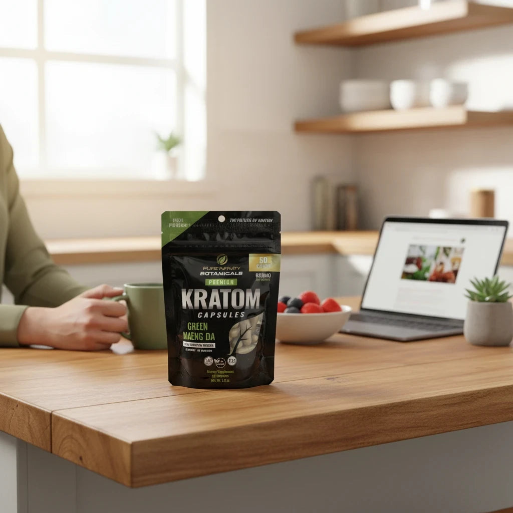 shopnathans.com Pure Infinity Botanicals Green Maeng Da kratom capsules in a black pouch on a wooden kitchen table.