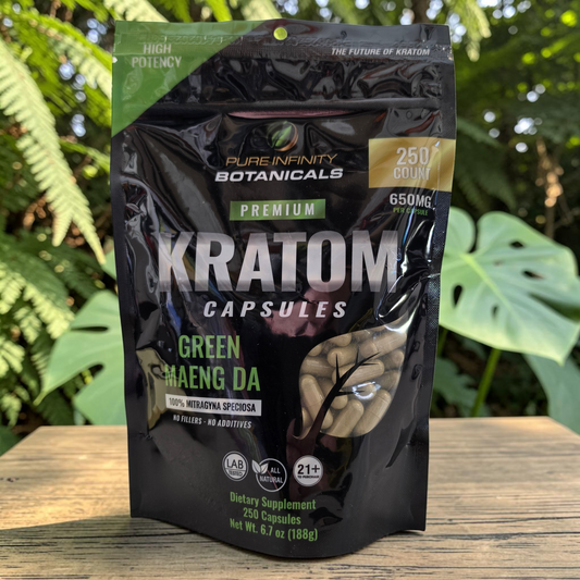 shopnathans.com Pure Infinity Botanicals Green Maeng Da Kratom capsules in a 250 count black stand-up pouch