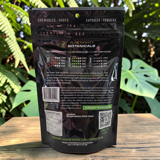 shopnathans.com Pure Infinity Botanicals Green Maeng Da Kratom capsule packaging back view with supplement facts