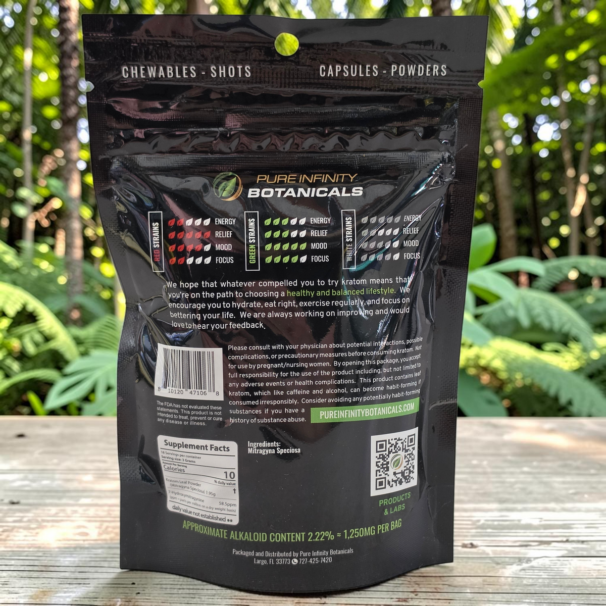 Back of shopnathans.com Pure Infinity Botanicals Green Maeng Da Kratom powder pouch with supplement facts and QR code