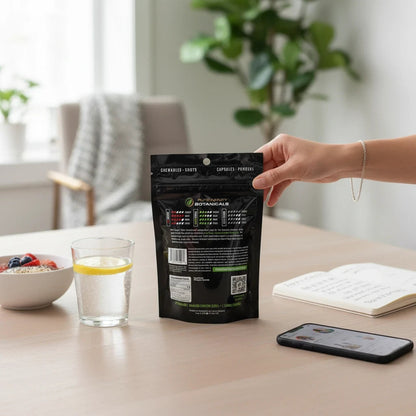 shopnathans.com Pure Infinity Botanicals Green Maeng Da Kratom powder pouch held by a hand on a wooden table