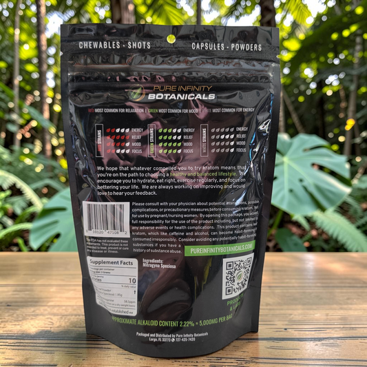 shopnathans.com Pure Infinity Botanicals Green Maeng Da Kratom powder 8oz resealable pouch back view with label details