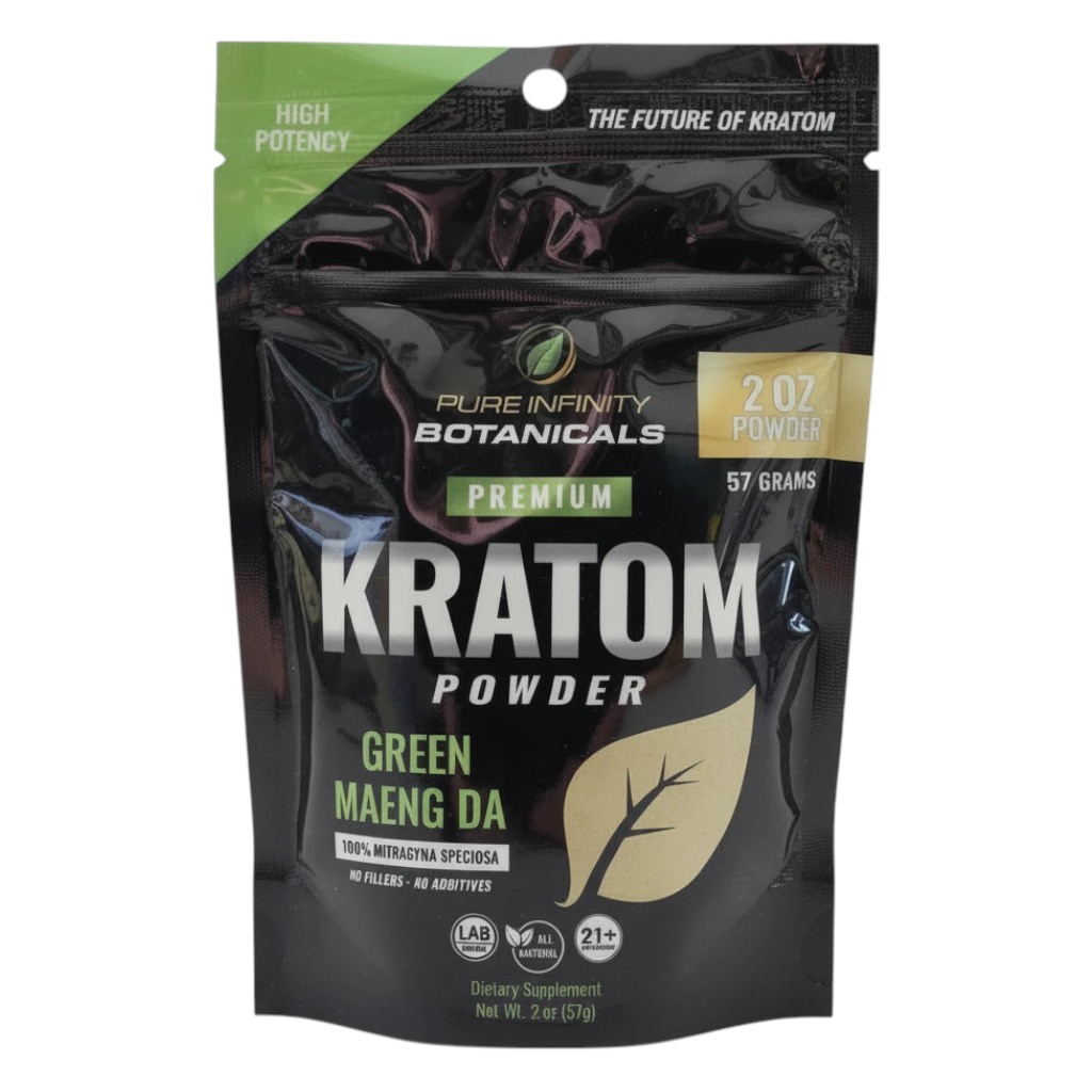 shopnathans.com Pure Infinity Botanicals Green Maeng Da Kratom powder in a 2oz resealable black pouch.