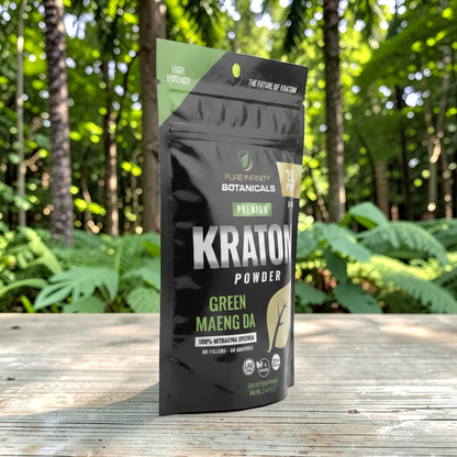 shopnathans.com Pure Infinity Botanicals Green Maeng Da Kratom powder in a 2oz resealable black pouch outdoors