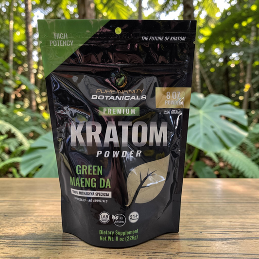 shopnathans.com Pure Infinity Botanicals Green Maeng Da Kratom powder in a black resealable 8oz bag outdoors.