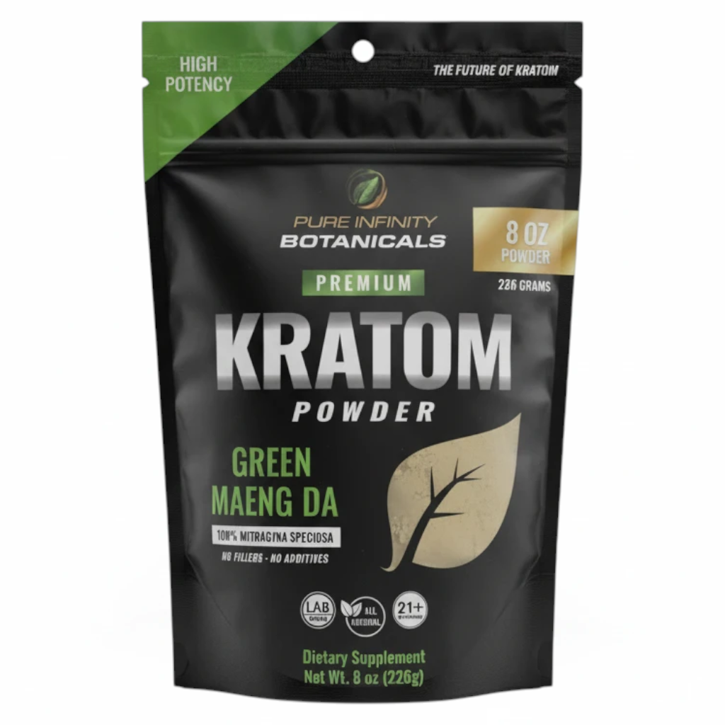 shopnathans.com Pure Infinity Botanicals Green Maeng Da Kratom powder in an 8oz resealable black and green pouch.