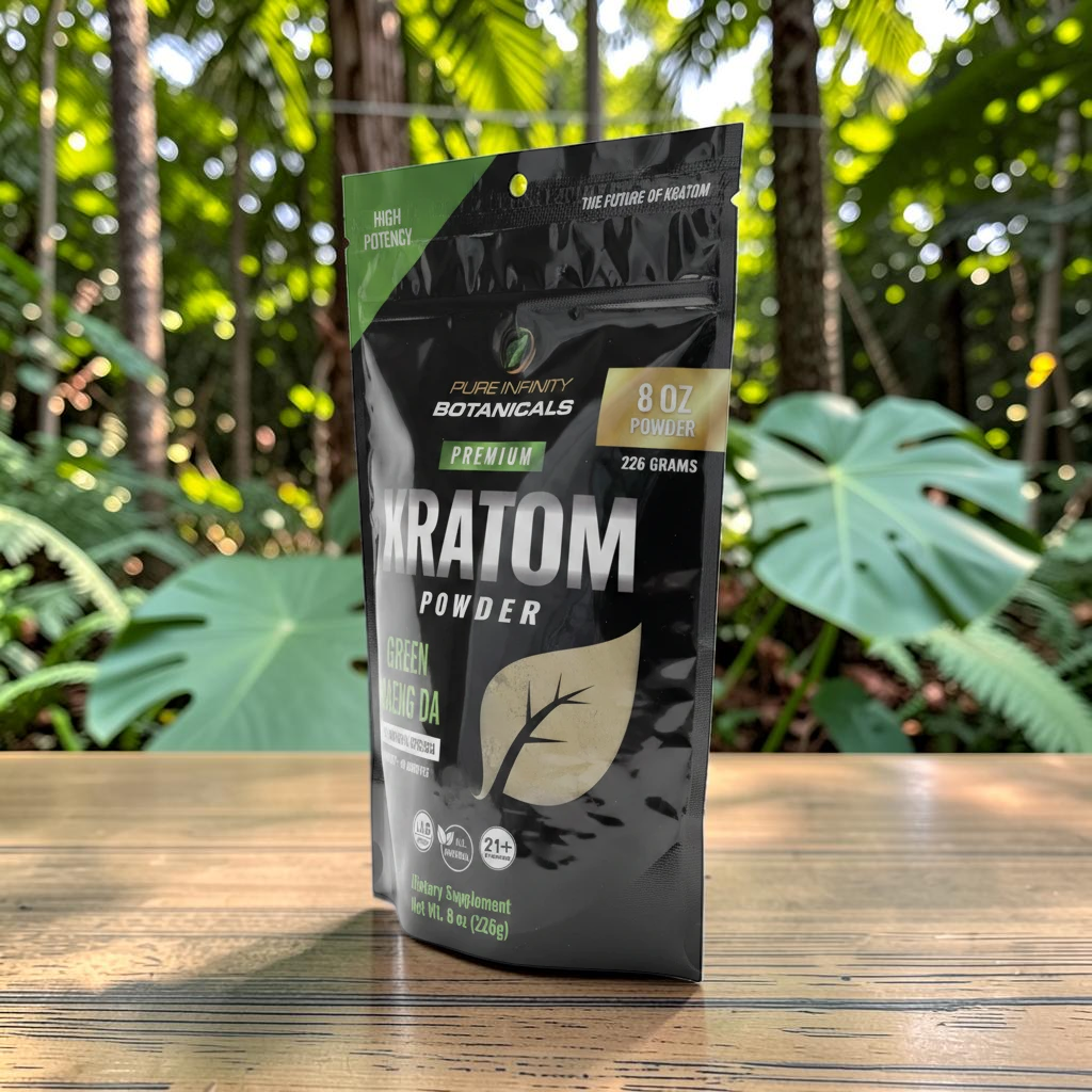 shopnathans.com Pure Infinity Botanicals Green Maeng Da Kratom powder in a black resealable 8oz pouch on a wooden table