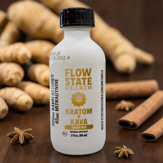 shopnathans.com Flow State Kava and Kratom Golden Milk botanical supplement shot in a 2 fl oz bottle