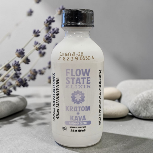 shopnathans.com Flow State Kava and Kratom lavender cream botanical shot bottle with dried lavender and stones