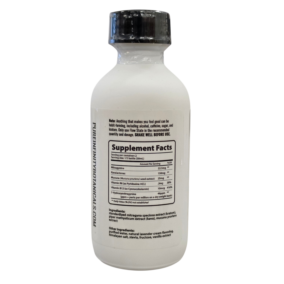 shopnathans.com Flow State Kava and Kratom Lavender Cream supplement shot bottle with nutrition facts label