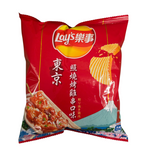 shopnathans.com Lay's Chicken Skewers flavor ridged potato chips in a 34g red bag with Japanese-inspired graphics.