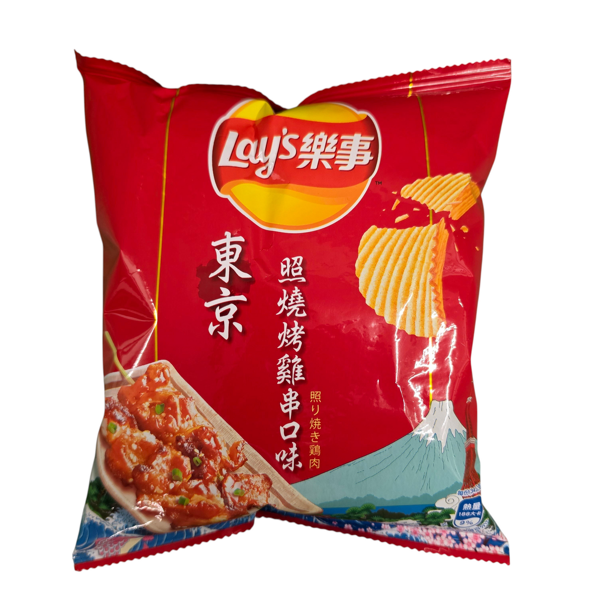 shopnathans.com Lay's Chicken Skewers flavor ridged potato chips in a 34g red bag with Japanese-inspired graphics.