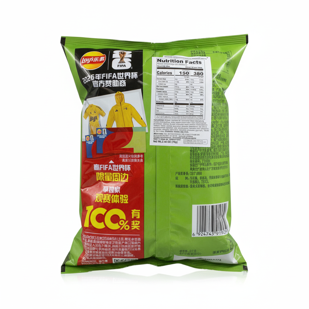 shopnathans.com Lay's Cucumber Flavor potato chips 70g bag, back view showing nutrition facts and FIFA branding.