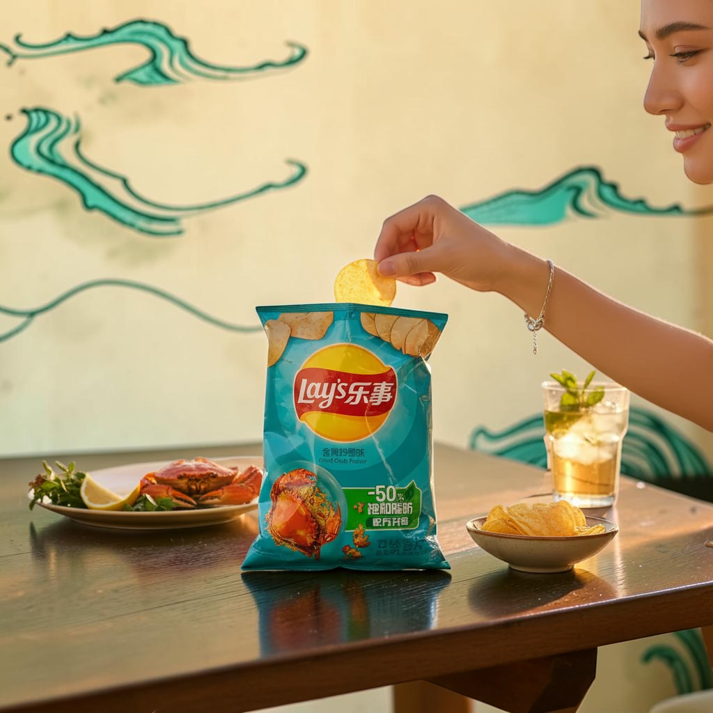 shopnathans.com Lay's Fried Crab Flavor potato chips bag on a table with a woman snacking in a bright dining setting