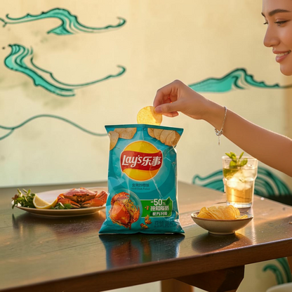 shopnathans.com Lay's Fried Crab Flavor potato chips bag on a table with a woman snacking in a bright dining setting
