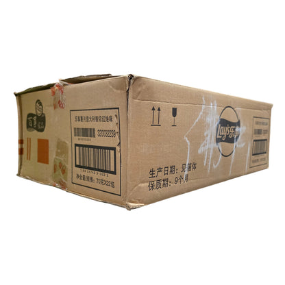 shopnathans.com bulk cardboard shipping box containing 22 bags of Lay's Italian Red Meat Flavor potato chips