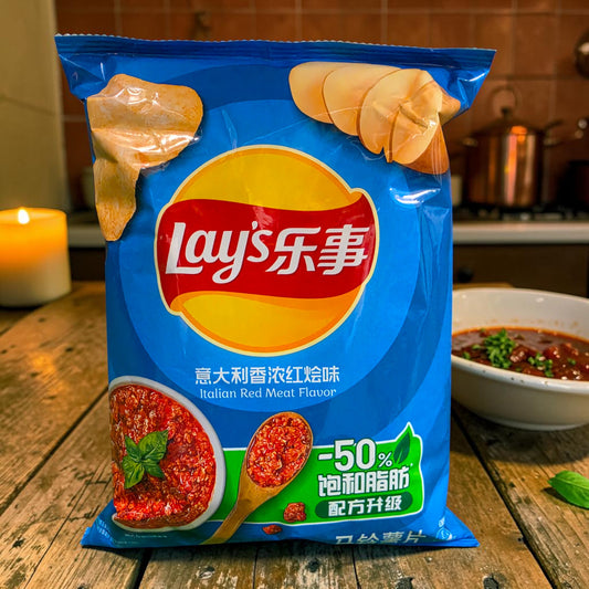 shopnathans.com Lay's Italian Red Meat flavor potato chips in a 70g blue bag with savory sauce imagery