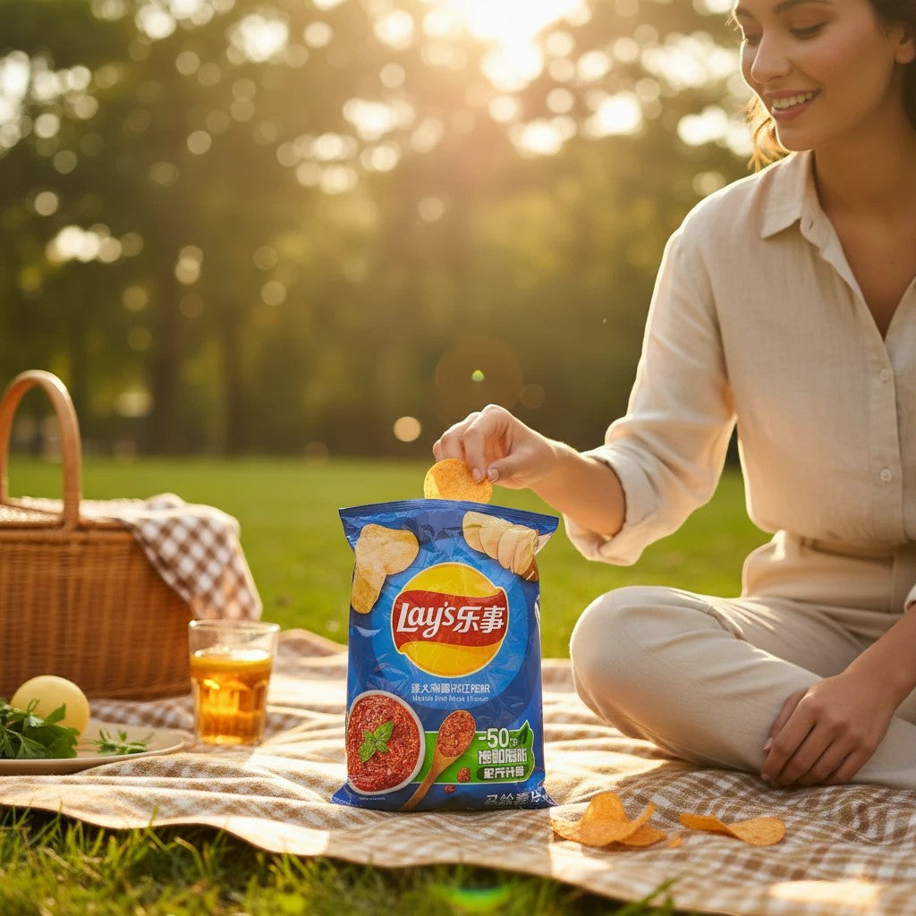 A woman enjoying shopnathans.com Lay's Italian Red Meat flavor chips during a sunny outdoor picnic