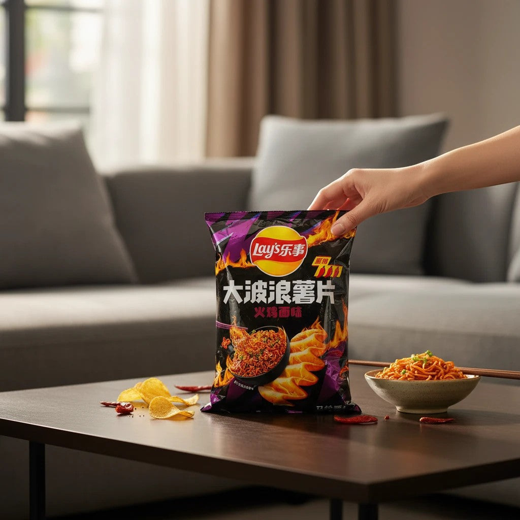 shopnathans.com Lay's Wavy Spicy Noodle Ramen flavor potato chips in a black bag held by a hand next to a ramen bowl