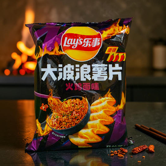 shopnathans.com Lay's Wavy Spicy Noodle Ramen flavor potato chips in a 70g bag with fiery graphics.