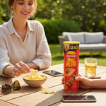 shopnathans.com Lay's Stax Sizzlin' BBQ potato chips in a red canister held at an outdoor table with a snack bowl.